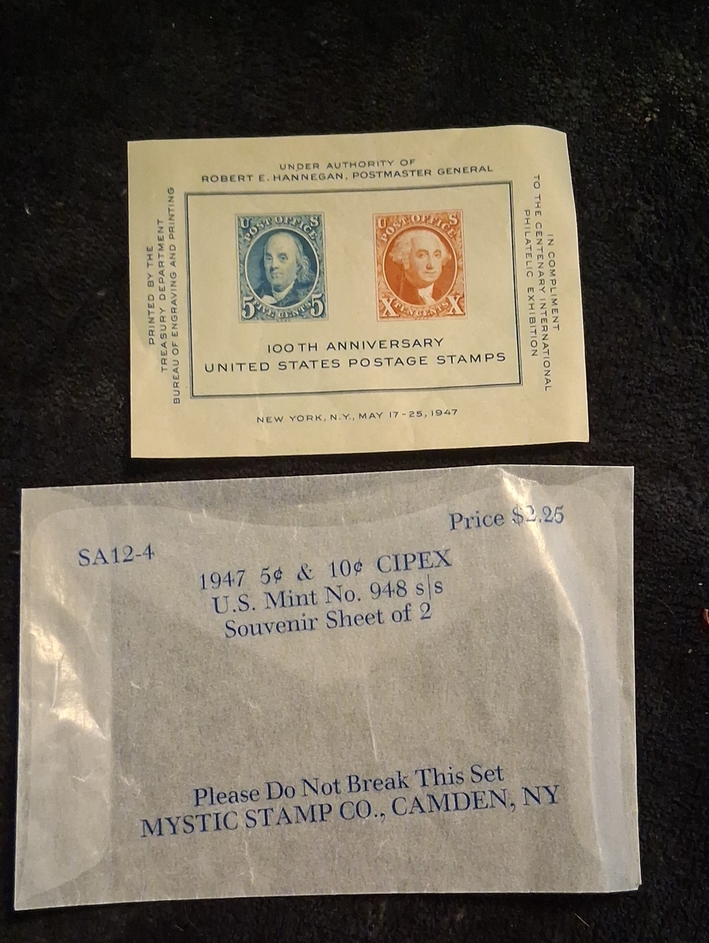 1947 U.S. Postage Stamp Souvenir Sheet - Cream/Blue/Orange